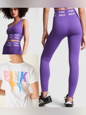 VS PINK 3 PIECE white rainbow gradient tee & seamless bra & seamless leggings